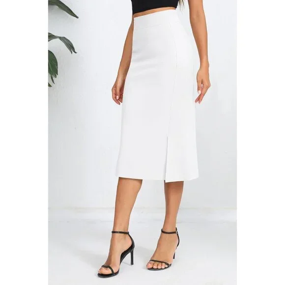 Women's White Stretch Office Fishtail Pencil High Waist Bodycon Slit Midi Skirt - Picture 2 of 6